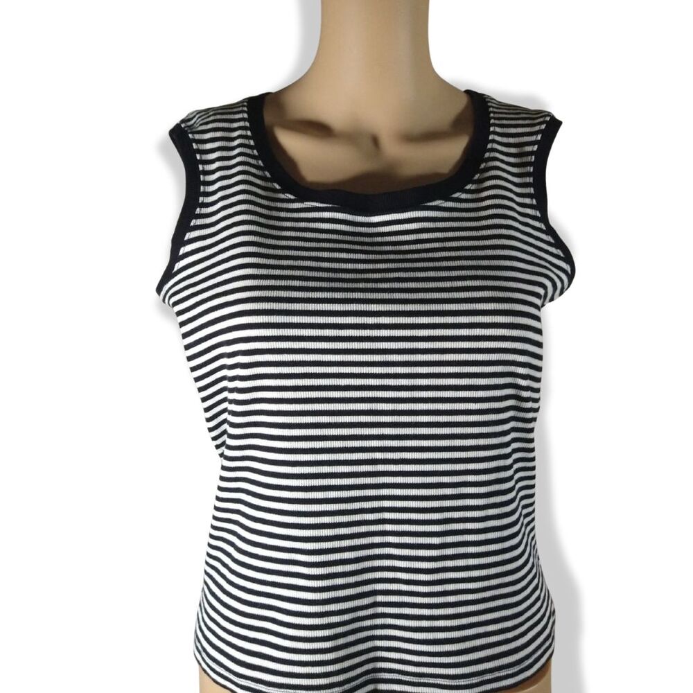 Women’s Tank Top Black White Stripe – Petite S Cotton Liz Claiborne Gym Workout